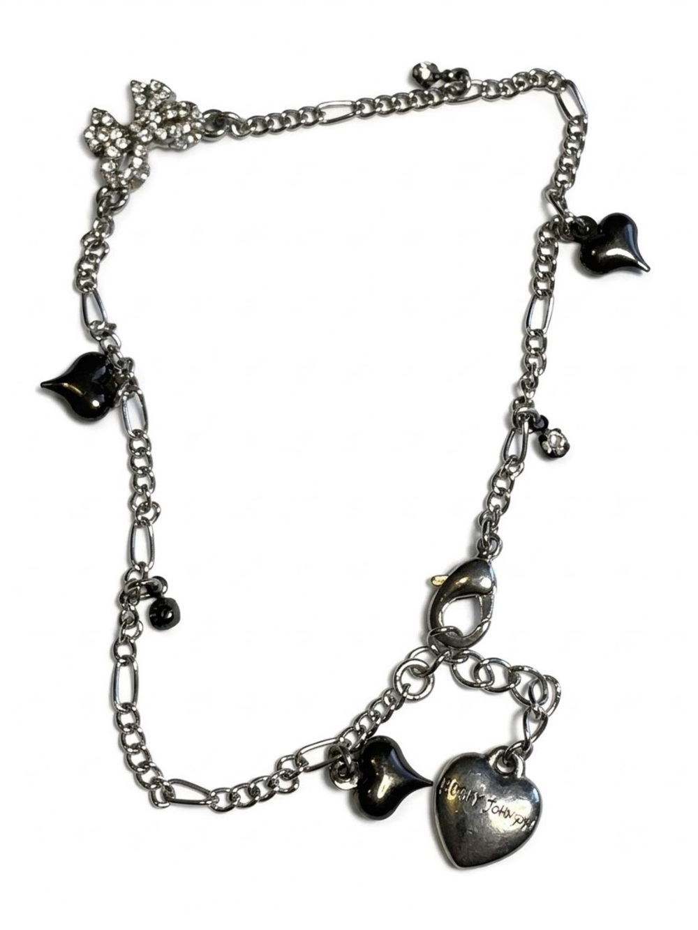Betsey Johnson Silver-Tone Rhinestone Bow & Black Heart Charm Bracelet